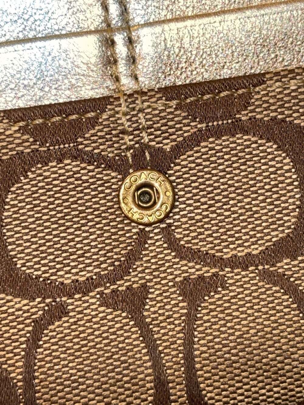 Coach Signature Stripe Slim Envelope Wallet Khaki Brown Gold Metallic Interior - Picture 3 of 7